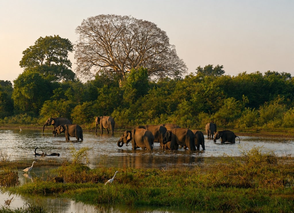 Herd of wild Asian elephants wading through Minneriya National Park reservoir at golden hour, Sri Lanka safari